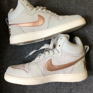 Rose gold and gray Nike high top sneakers 8.5